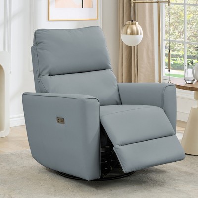 Power Recliner Chair Swivel Rockery Glider PU Leather Upholstered Glider Recliner Nursery Chair with USB Port and Lumbar Support for Living Room