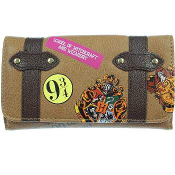 Harry Potter Hogwarts School Trunk Inspired Snap Closure Trifold Wallet Brown