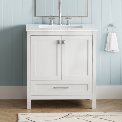 GlasFlength Bathroom Storage Cabinets, Freestanding, Open shelving Bathroom Vanity，Assembly Required, White, 29.8"*19.1"*34.75"