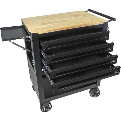 4-Drawer Rolling Tool Chest, Heavy Duty Metal Tool Cart with Wooden Top & Adjustable Shelf, Mobile Workshop Organizer for Garage/Workshop, Black