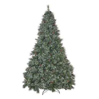 GDFStudio Hailey 7 Foot Faux Cashmere Pine and Mixed Needles Unlit Hinged Artificial Christmas Tree with Snowy Branches and Pinecones