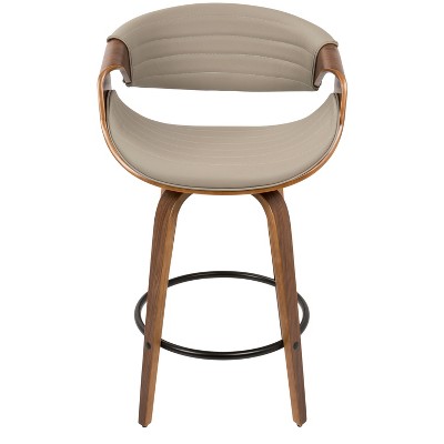 Set of 2 Gray Faux Leather Swivel Counter Stools with Walnut Wood