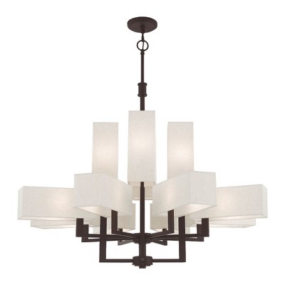 Rubix 12-Light Bronze Chandelier with Oatmeal Fabric Shades