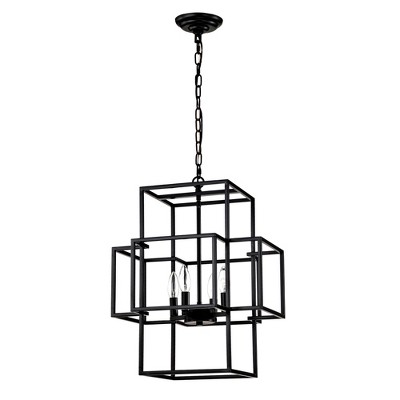 DOMETOUR 4-Light Matte Black Metal Lantern Pendant, Industrial Farmhouse Chandelier for Dining Room/Foyer, Adjustable Height (E12 Bulbs Excluded)