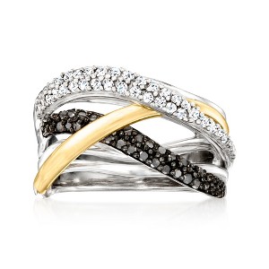 Ross-Simons 0.50 ct. t.w. Black and White Diamond Highway Ring in Sterling Silver and 14kt Yellow Gold - 1 of 4