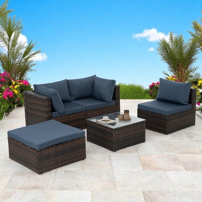 5-Piece Patio Furniture Set with PE Wicker Furniture set, Tempered Glass Table, Cushions with Zipper,Outdoor Furniture set
