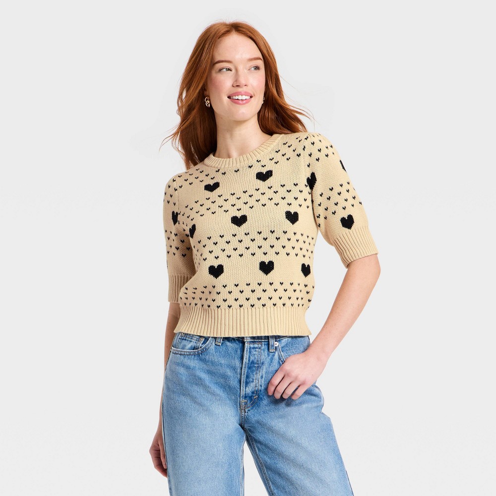 Women's Elbow Sleeve Valentine's Day Hearts Crewneck Pullover Sweater - Universal Thread™ Taupe L