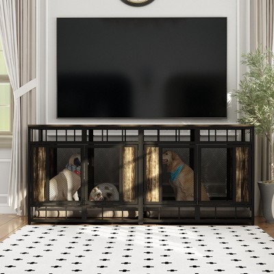 FUFU&GAGA Furniture Style Tan Metal Dog Crate with Metal Barrier Mesh Wooden Panelling