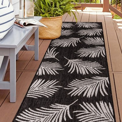 Tropical Palm Leaves Black Synthetic Flatwoven Reversible Rug - 2'x7'