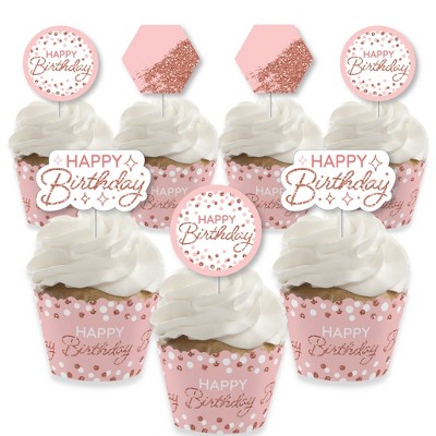 Big Dot of Happiness Pink Rose Gold Birthday - Cupcake Decoration - Happy Birthday Party Cupcake Wrappers and Treat Picks Kit - Set of 24