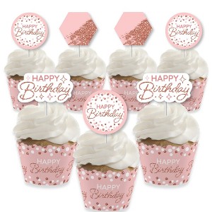 Big Dot of Happiness Pink Rose Gold Birthday - Cupcake Decoration - Happy Birthday Party Cupcake Wrappers and Treat Picks Kit - Set of 24 - 1 of 4