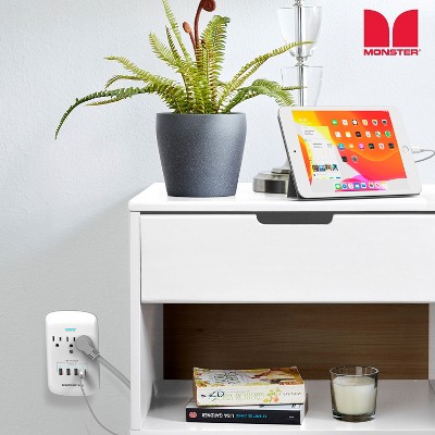 White 3-Outlet Wall Tap Surge Protector with 4 USB Ports