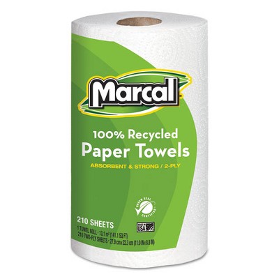 Marcal 100% Premium Recycled Kitchen Roll Towels, 2-Ply, 11 x 8.8, White, 210 Sheets, 12 Rolls/Carton
