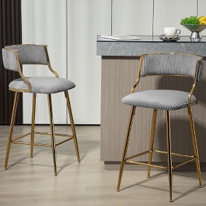 QingMoon Modern Bar Stools Set of 2, Corduroy Counter Height Chairs with Curved Backrest, Golden Chromed Base and Footrest for Kitchen Island - 1 of 4