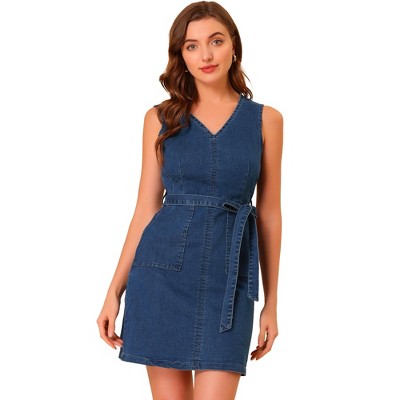 INSPIRE CHIC Women's V-neck Sleeveless Tie Waist Denim Dress with Pockets