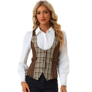 INSPIRE CHIC Women's Contrast Plaid Button Down Sleeveless Vintage Waistcoat - 1 of 4