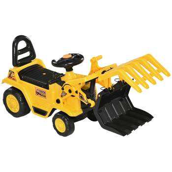 Aosom Kids Excavator Ride-on Pulling Cart with Sound Effects, Kids Digger Sit n Scoot Ride-on Toy with Under-Seat Storage, Treaded Wheels, Yellow