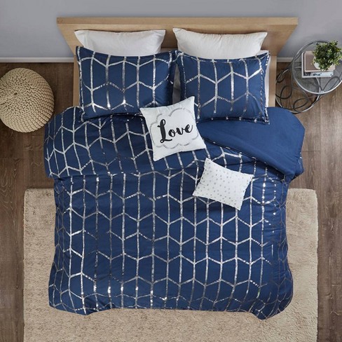 Twin Twin Xl 4pc Arielle Metallic Printed Duvet Cover Set Navy