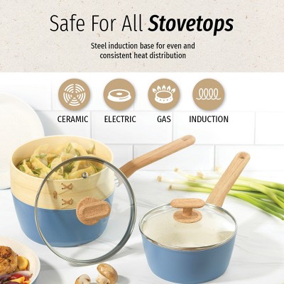 Light Blue 10-Piece Ceramic Nonstick Cookware Set with Wood Handles