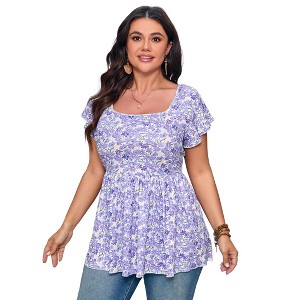 YESFASHION Womens Plus Size Summer Tops Square Neck Ruffle Short Sleeve Casual Tunics Loose Comfy Blouse Shirts - 1 of 4