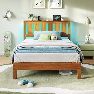 Greenstell Wooden Bed Frame with Headboard, Charging Station & LED Lights - Wood Slat Support Foundation, No Box Spring Needed - 1 of 4