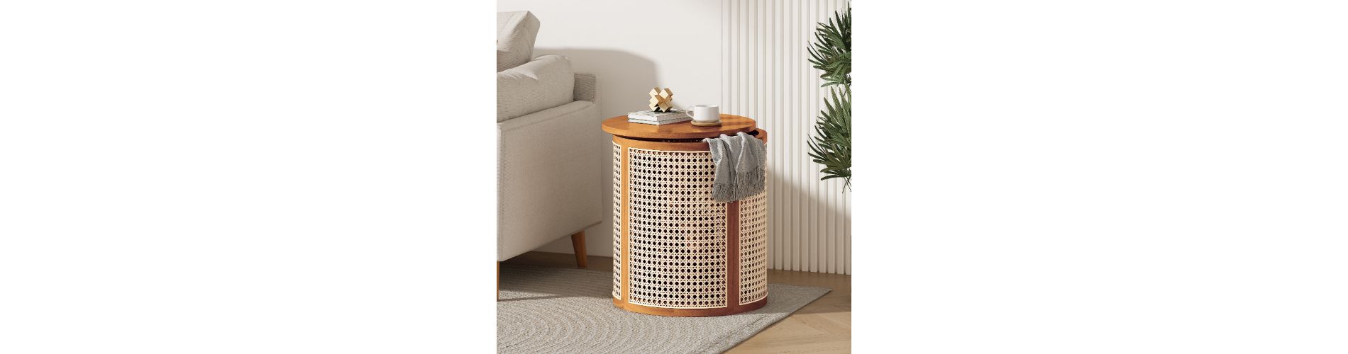 Lyngins Natural Wood Outdoor Side Table with Storage, 15.7” Round End Table, Hollow Woven Side Table/Nightstand, Indoor/Outdoor Small Table, Ochre