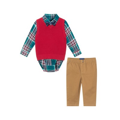 Andy & Evan  Infant  Navy Plaid Buttondown w/Maroon Sweater Vest & Bowtie