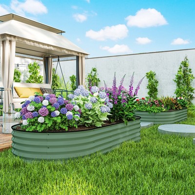 Green Galvanized Steel Raised Garden Bed Set with Metal Plant Stakes