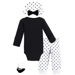 Hudson Baby Girls Thermal Preemie Layette Set 4pc Long Sleeve Outfit, Black White Dots, Preemie - 1 of 4