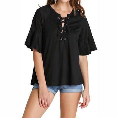 Women's Lace Up Bell Sleeve Top - umgee