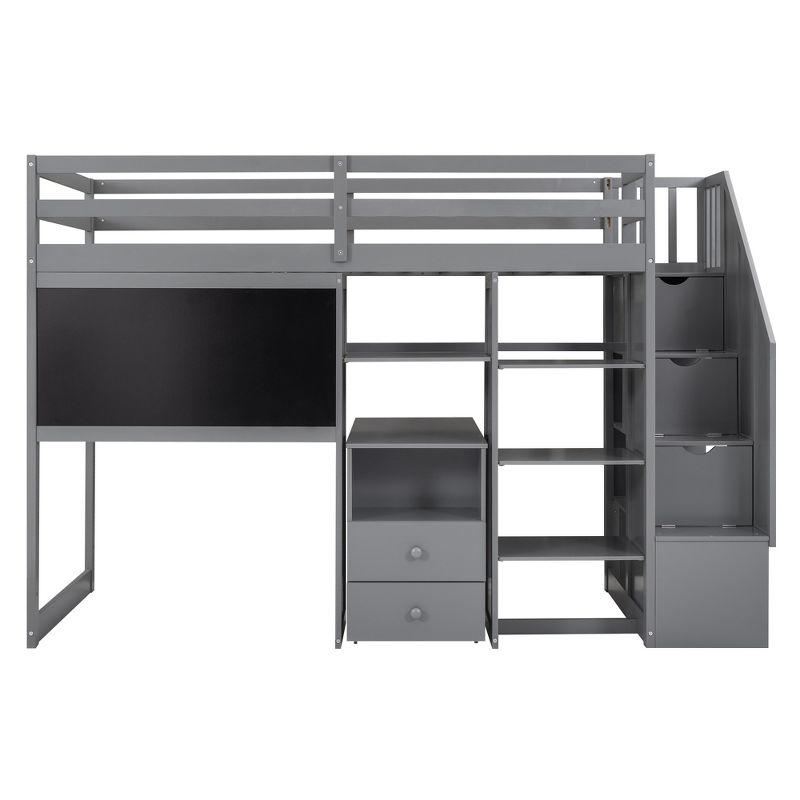 Twin Size Wood Loft Bed with Pullable Desk, Storage Shelves,Staircase and Blackboard-ModernLuxe, 5 of 11