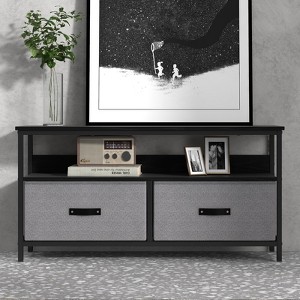 Modern TV Stand for 55-Inch TV with 2 Fabric Drawers, Open Shelves & Cable Management, Black Metal Frame Entertainment Center, Grey - 1 of 4
