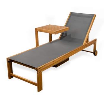 Trabuco Coastal Modern Acacia Wood Mesh 3-Position Outdoor Chaise Lounge Set with Side Table - JONATHAN Y