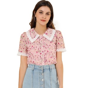 INSPIRE CHIC Women's Peter Pan Collar Lace Trim Embroidered Casual Floral Blouse - 1 of 4