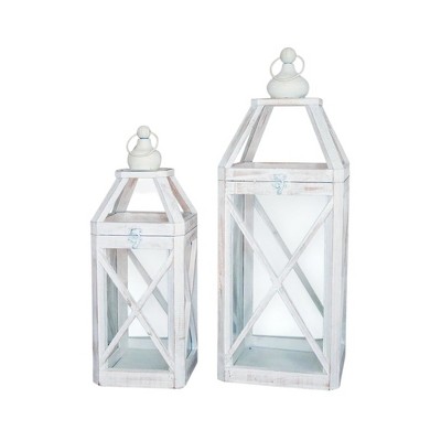 HomeRoots Set of Two Distressed Wood And Glass Tabletop Lantern Candle Holders