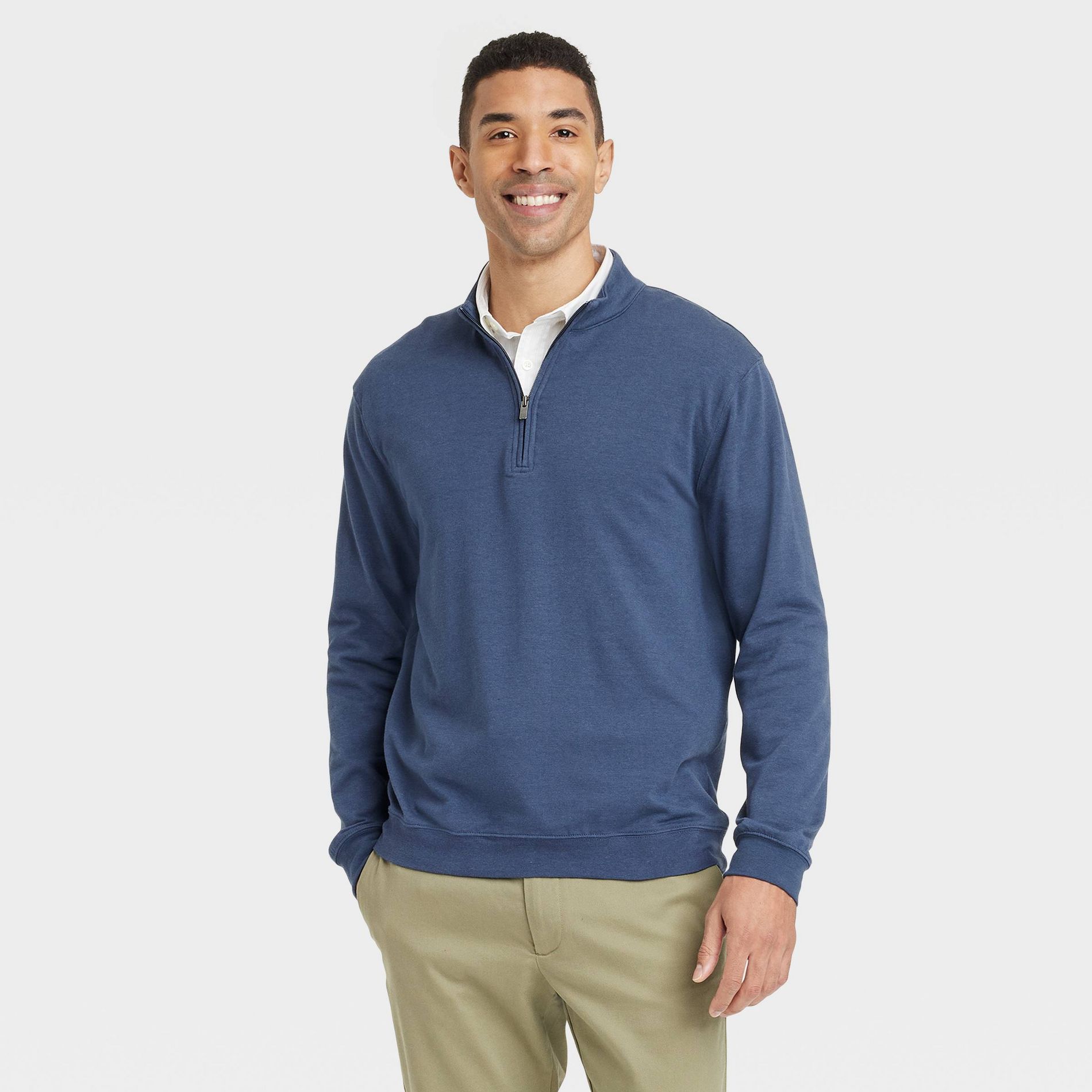 Men's Comfort Wear 1/4 Zip Sweatshirt - Goodfellow & Co™ Navy Blue S: Heavyweight French Terry, Turtle Neck