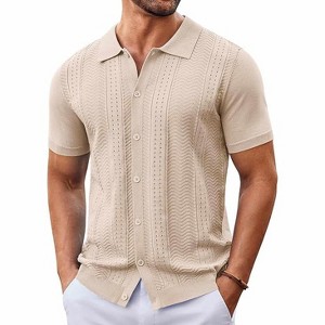COOFANDY Mens Knit Button Down Shirt Short Sleeve Summer Casual Shirts Vintage Beach Vacation Shirts - 1 of 4