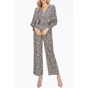 Women's TONI ZEBRA-PRINT BELTED WRAP-EFFECT SATEEN JUMPSUIT - adelyn rae - 1 of 3