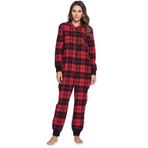 Ashford & Brooks Women's Flannel Hooded One Piece Pajama Union Jumpsuit - 1 of 4