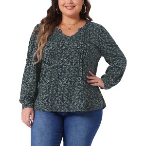 Agnes Orinda Women's Plus Size Floral Print Pleated Notch V Neck Long Sleeve Casual Blouses - 1 of 4