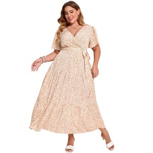 Coolmee Women Summer Maxi Dress Plus Size V Neck Wrap Floral Print Short Sleeves Ruffle Tiered Dress with Belt - 1 of 4