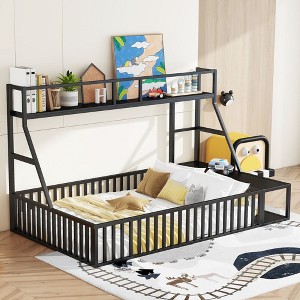 NicBex Twin/Full Size Kids Montessori Bed with Safety Fence,Floor Bed with Desk and Storage Shelves,Toddler bed for Bedroom,Off-White/Black - 1 of 4