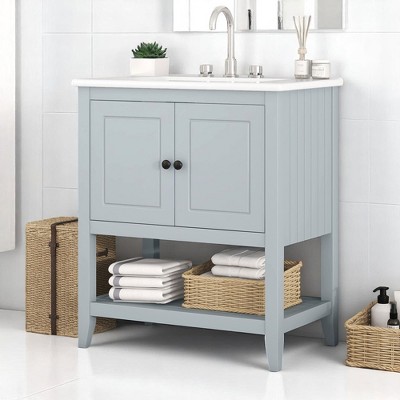 Mshliw 30" Bathroom Vanity with Ceramic Sink, Solid Wood Frame, Open Shelf and Cabinet Storage
