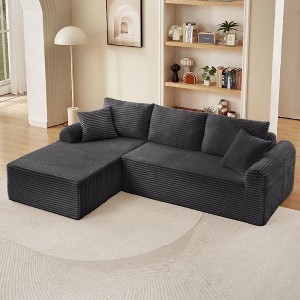 Modular Corduroy Chaise Lounge Sofa with Arched Armrests, Sectional Sofa with Non Slip and 3 Back Cushions, Living Room Sofa with Right Chaise-Koiai - 1 of 4