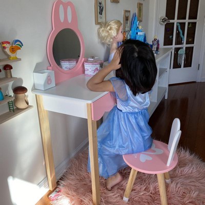 Tangkula Kid Vanity Set Makeup Table Stool With Drawer Shelf Wood Leg  Rabbit Mirror Pink : Target