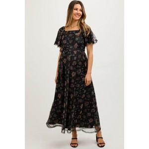 Pinkblush Black Floral Waist Tie Maternity Midi Dress - 1 of 4