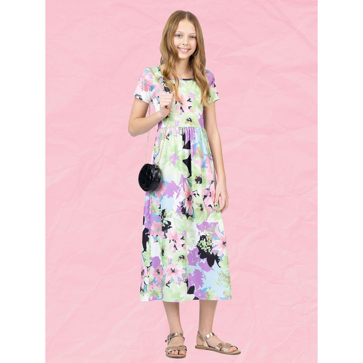 24sevenkid Girls Pastel Floral Print Short Sleeve Maxi Dress - thumbnail 4