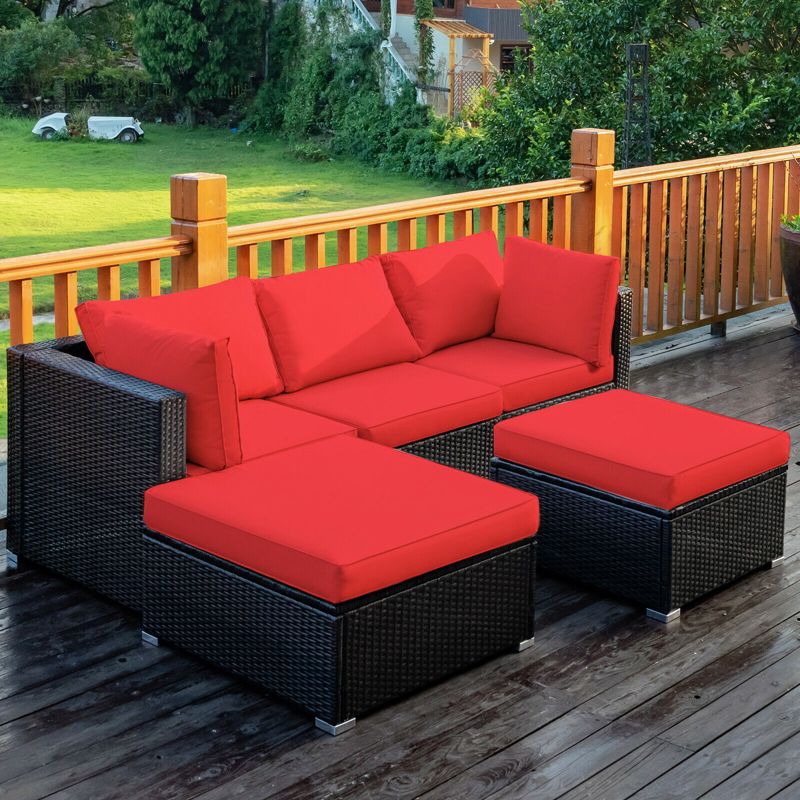 Tangkula 5-Piece Outdoor Patio Sectional Rattan Wicker Conversation Sofa Set with Turquoise/Yellowish Cushions, 4 of 7