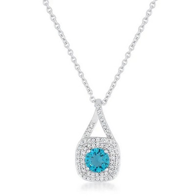 ShineHigh 1.2ct Aqua Cubic Zirconia Drop Pendant Necklace – Rhodium Plated Vintage-Style Teardrop with Clear CZ Halo & Adjustable Chain