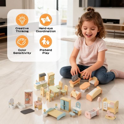 Etokfoks 35pcs Wooden Dollhouse Furniture Set 5 Room Kit with Dolls Pretend Play Accessories for Kids Ages 3 to 8 Birthday Gift — фото 6